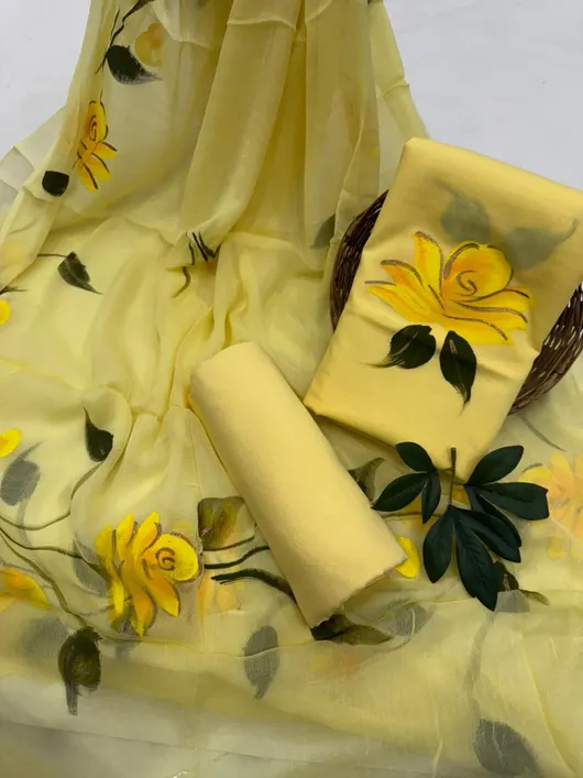 Elegant Hand-Painted Cotton Suit Set with Lightweight Chiffon Dupatta